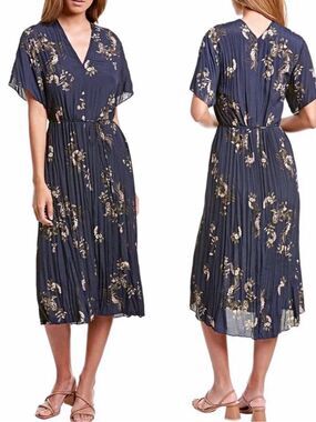 Vince Painted Blooms Floral Tie Waist Crinkle Texture Midi Dress